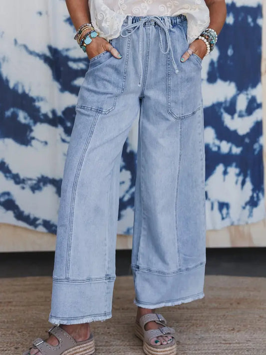 Drawstring Seam Detail Raw Hem Wide Leg Denim Pants