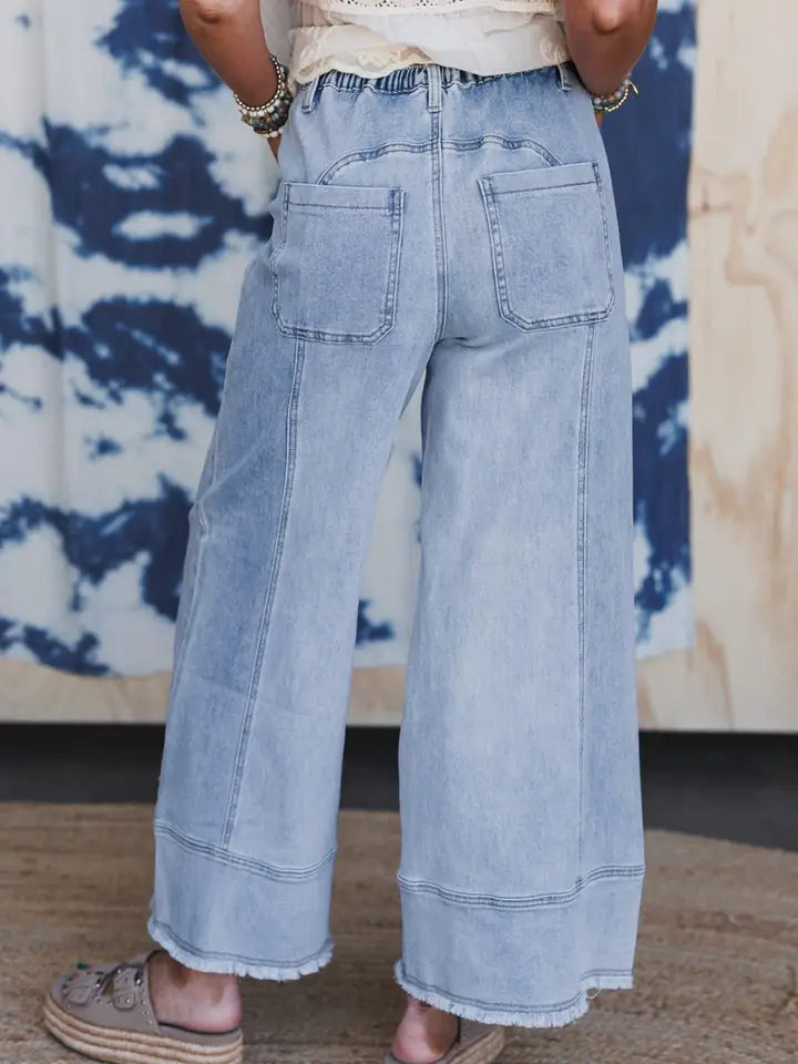 Drawstring Seam Detail Raw Hem Wide Leg Denim Pants