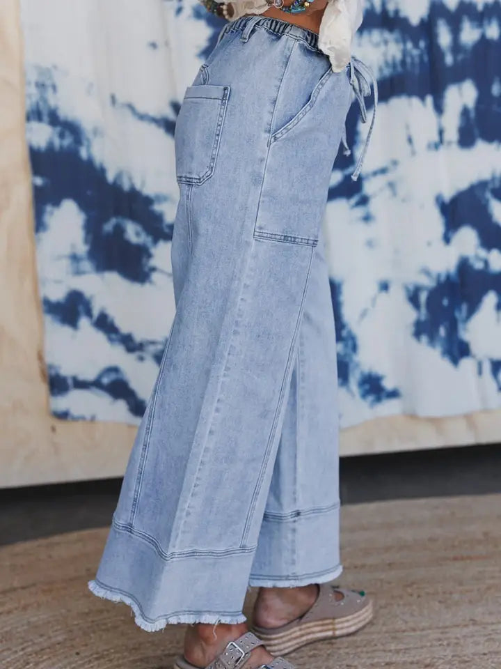 Drawstring Seam Detail Raw Hem Wide Leg Denim Pants