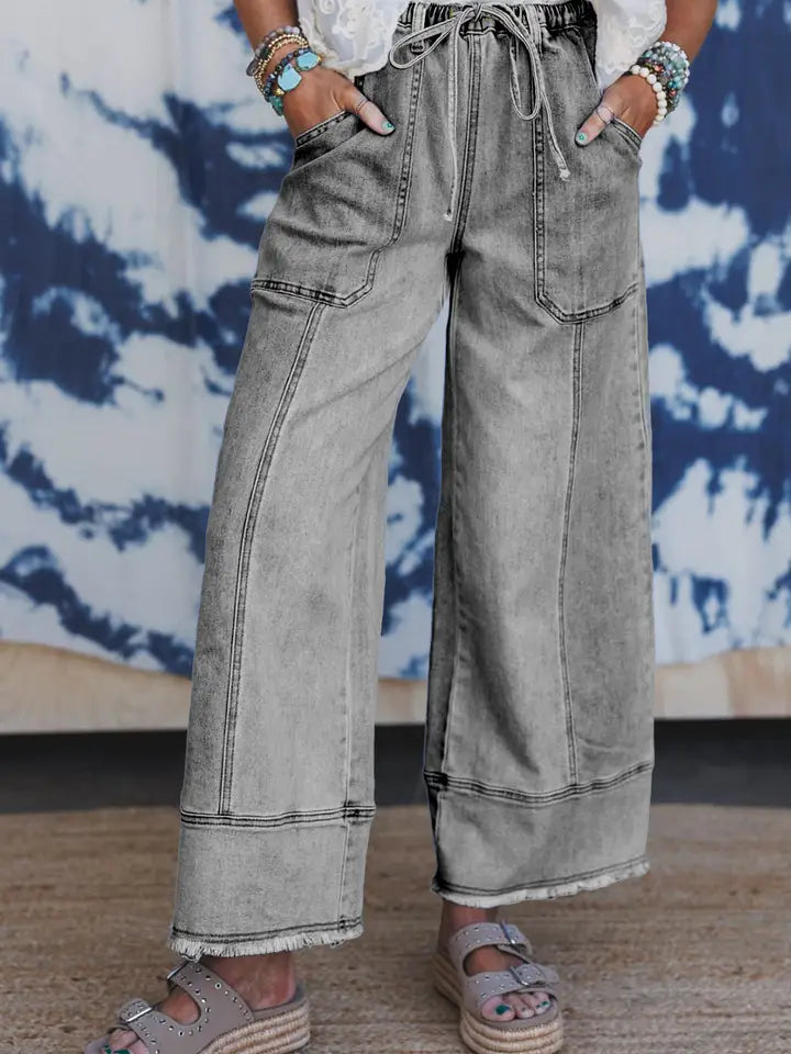 Drawstring Seam Detail Raw Hem Wide Leg Denim Pants