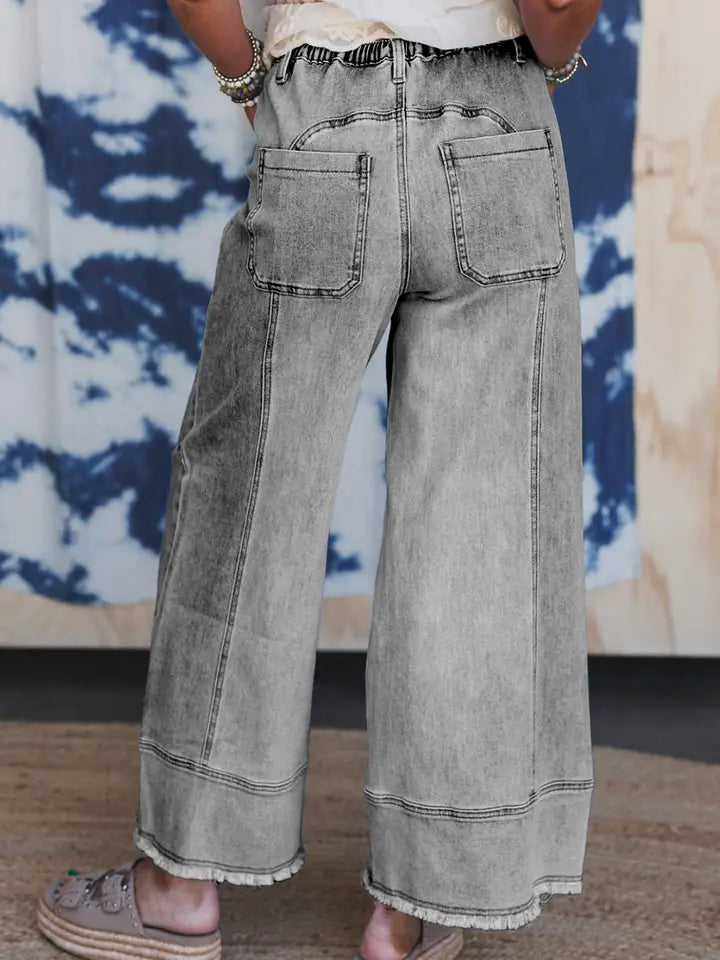 Drawstring Seam Detail Raw Hem Wide Leg Denim Pants