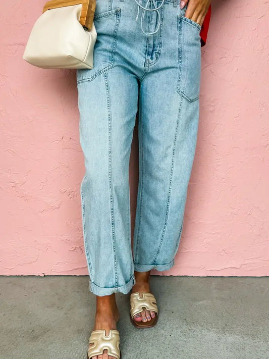 Exposed Stitch Detail Drawstring Barrel Jeans