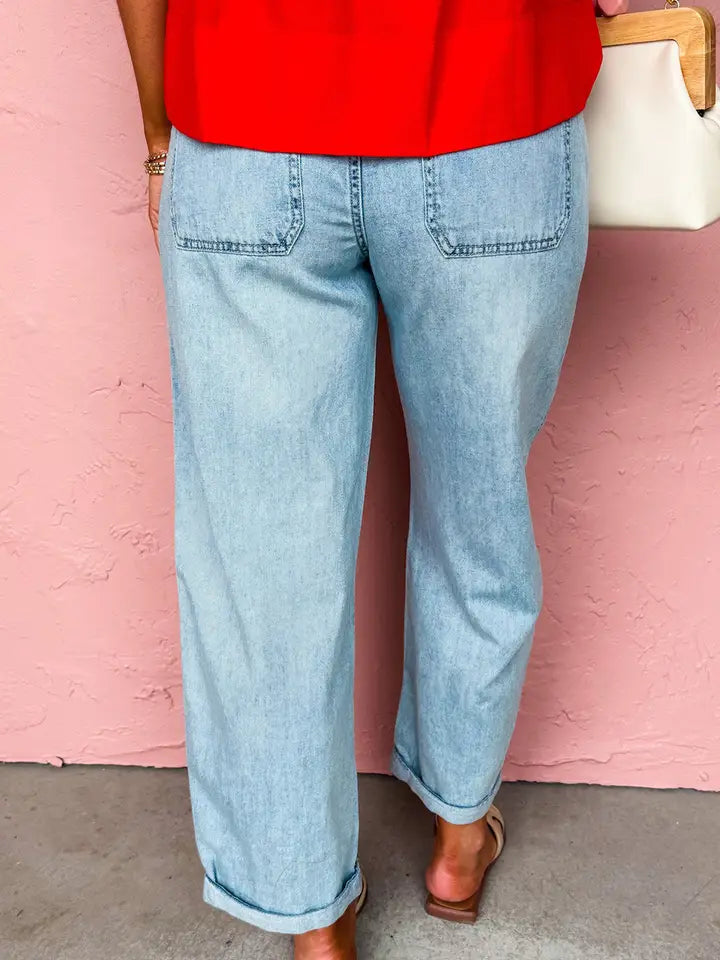 Exposed Stitch Detail Drawstring Barrel Jeans