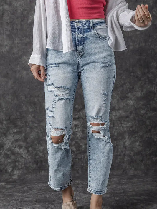 Light Wash Frayed Slim Fit High Waist Jeans