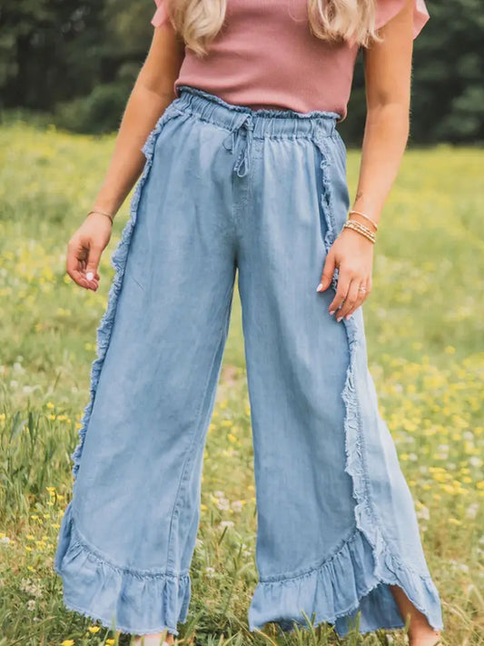 Light Wash Raw Hem Ruffled Wide Leg Jeans