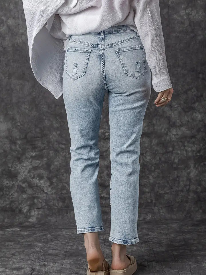 Light Wash Frayed Slim Fit High Waist Jeans