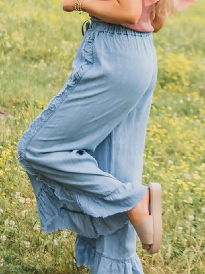 Light Wash Raw Hem Ruffled Wide Leg Jeans