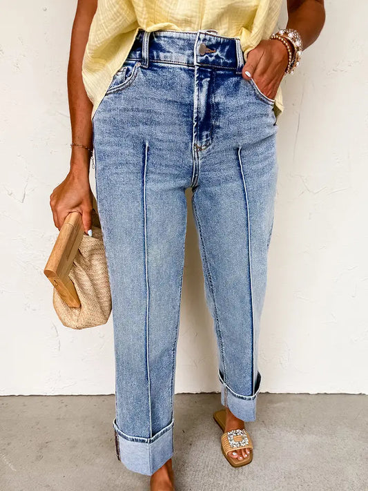 Center Seam Cuffed Hem Straight High Waist Jeans