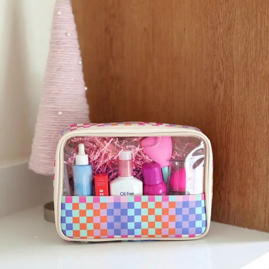Oversized Cosmetic Bag - Happy Checkered