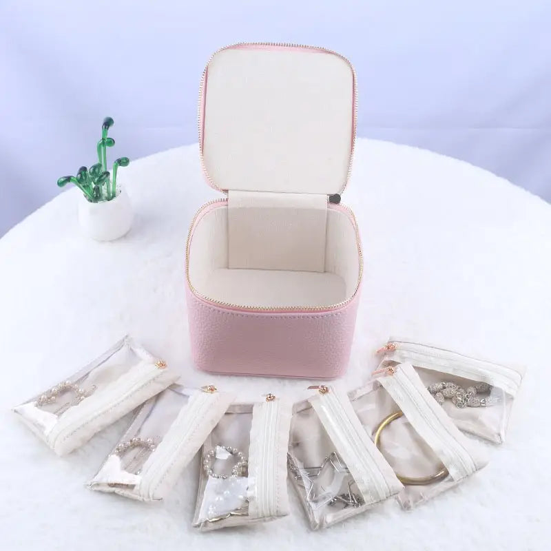 Leather Jewelry Organizer Box with 6 Pouches, Compact Storage
