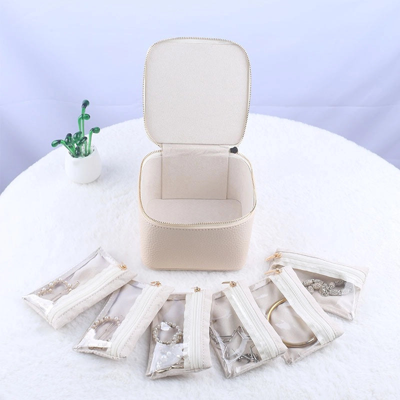 Leather Jewelry Organizer Box with 6 Pouches, Compact Storage