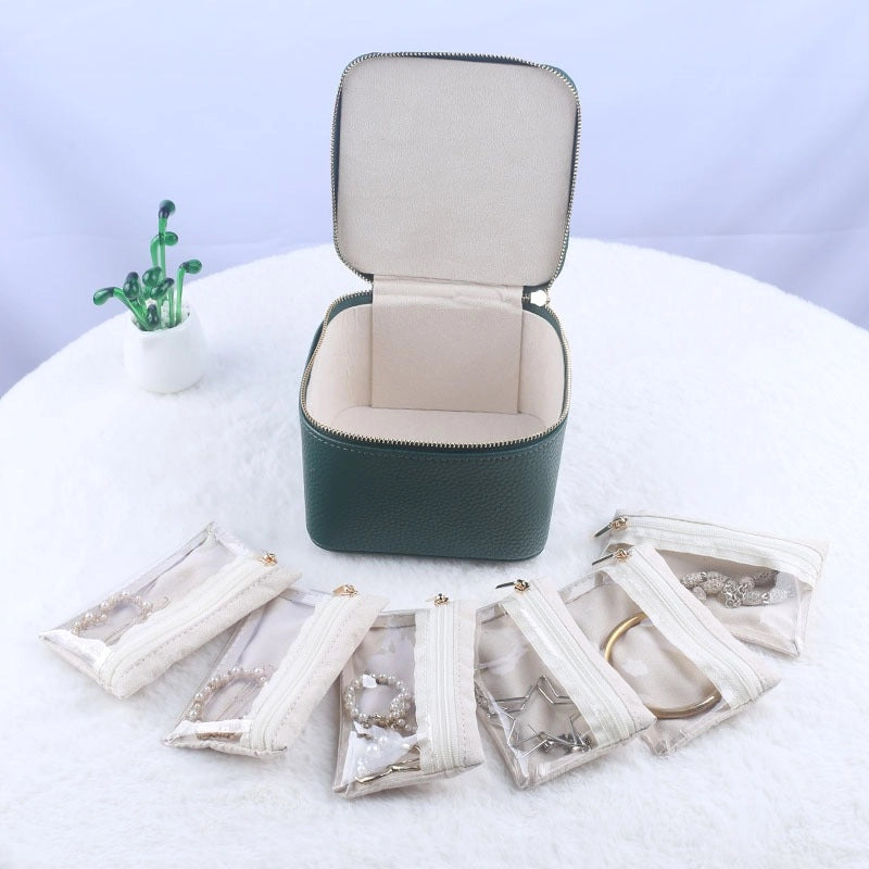 Leather Jewelry Organizer Box with 6 Pouches, Compact Storage
