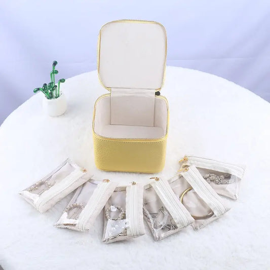 Leather Jewelry Organizer Box with 6 Pouches, Compact Storage
