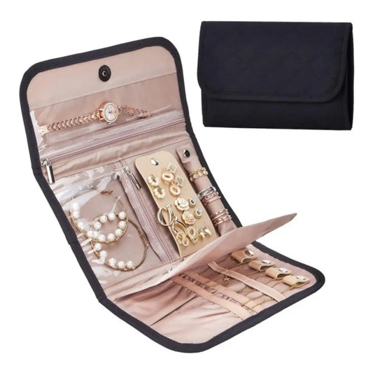 Portable Travel Jewelry Organizer Roll, Foldable For Earrings - Black